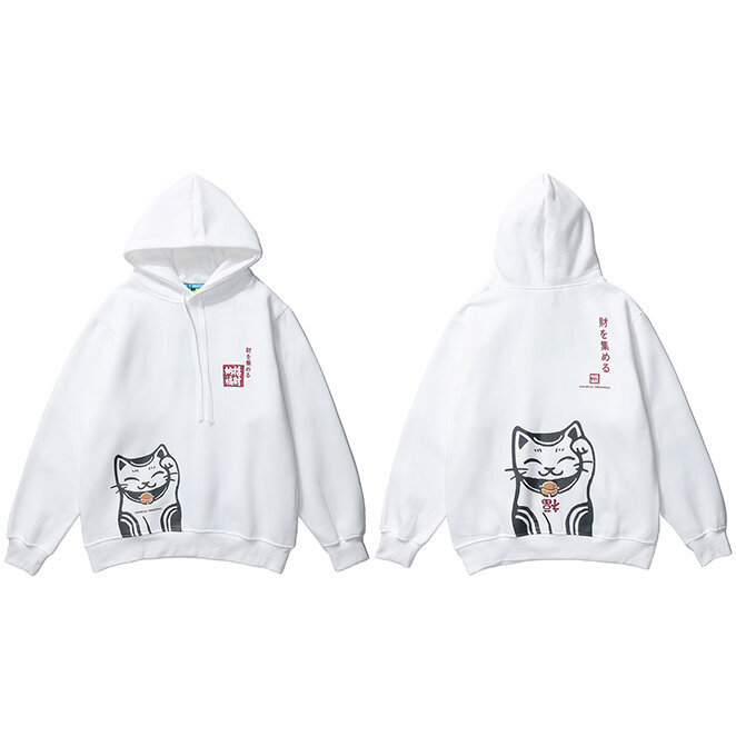 (A10W207 Valkoinen-XL) Huppari Lucky Cat Miesten Harajuku Huppari Sweatshirt Fortune Cat Syksy Talvi Fleece Pullover Puuvilla hinta ja tiedot | Miesten puserot ja hupparit | hobbyhall.fi