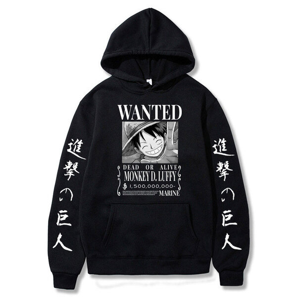 (musta-L）Attack on Titan One Piece Luffy Men Homme Fleece-hupparit