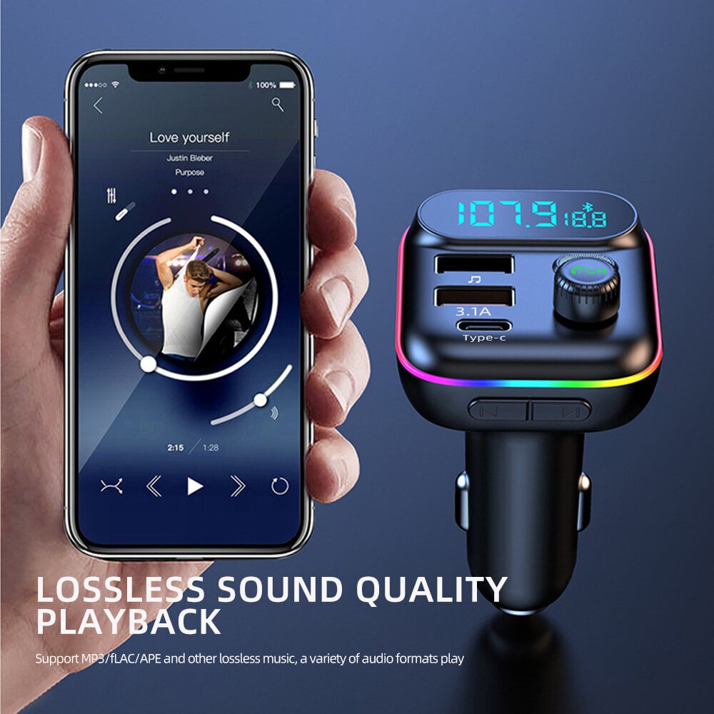 Autolaturi FM-lähetin pikalataus PD QC3.0 USB C -autopuhelinlaturi Type C -sovitin autossa iPhonelle Samsung Huawei Xiaomi hinta ja tiedot | Paristolaturit | hobbyhall.fi