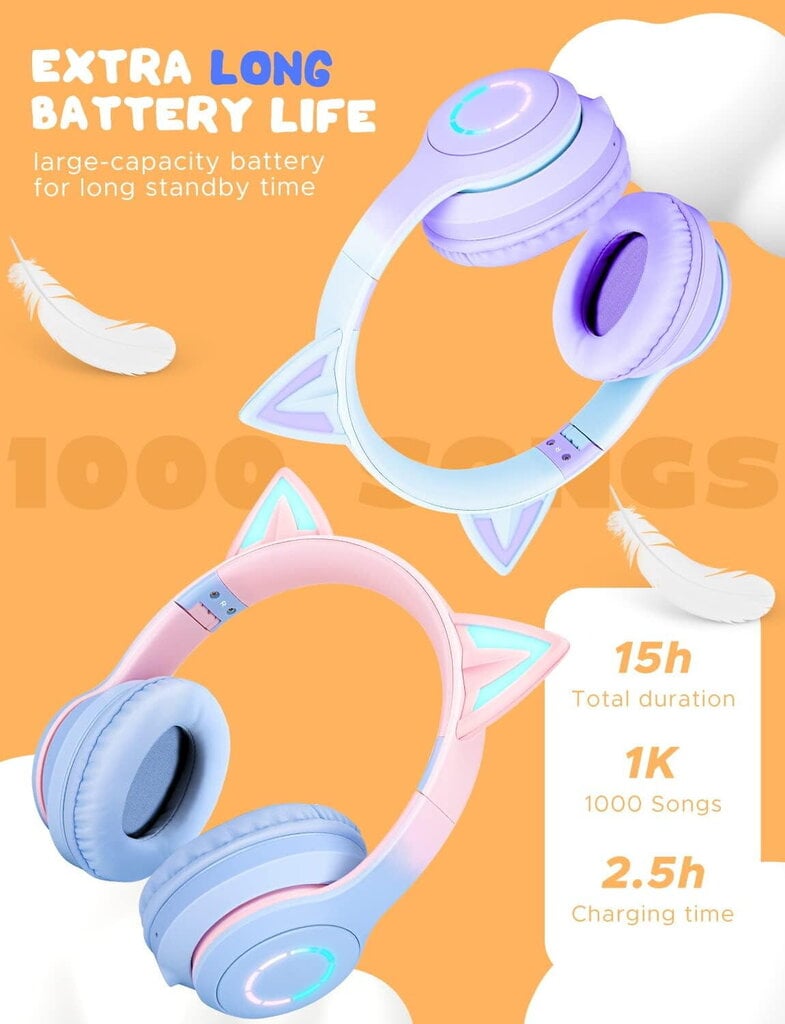 QearFun Cat Ear Kids Bluetooth-kuulokkeet tytöille kouluun, taitettavat langalliset pelikuulokkeet mikrofonilla ja 3,5 mm:n liitännällä, säädettävä sanka Teens taaperoille langattomat kuulokkeet tabletille/PC:lle, vaaleanpunainen hinta ja tiedot | Kuulokkeet | hobbyhall.fi