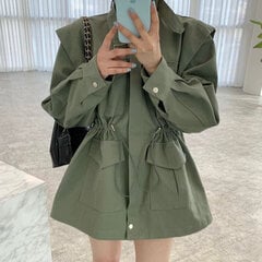 (One Size-Green)Korean Chic Solid Takki Naisten Seisomakaulus Pitkähihainen Vetoketjutakki Femme Pocket Design Kiristysnyöri ohut vyötärö Vaatteet Femme hinta ja tiedot | Naisten takit | hobbyhall.fi