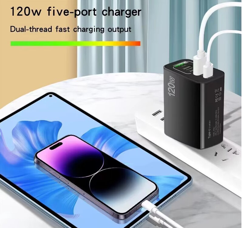 USB C pikalaturi 3.0 nopea lataus 5 porttia 120W PD virtalähde iPhone Samsung Xiaomi Huawei keltainen hinta ja tiedot | Puhelimen laturit | hobbyhall.fi