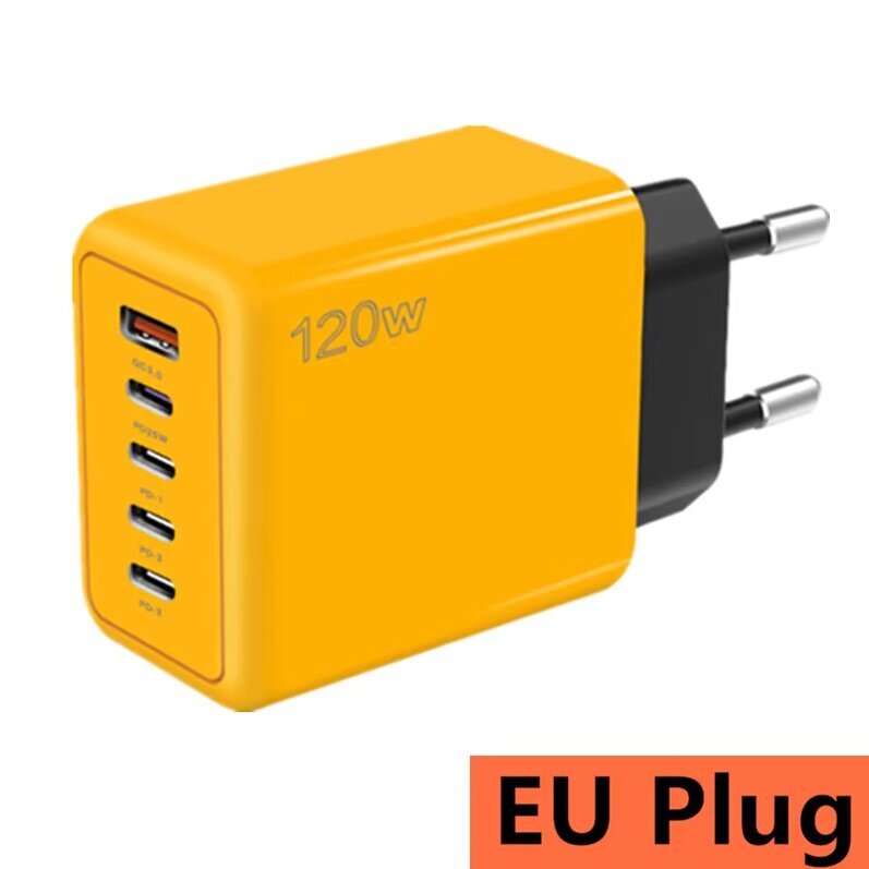 USB C pikalaturi 3.0 nopea lataus 5 porttia 120W PD virtalähde iPhone Samsung Xiaomi Huawei keltainen hinta ja tiedot | Puhelimen laturit | hobbyhall.fi