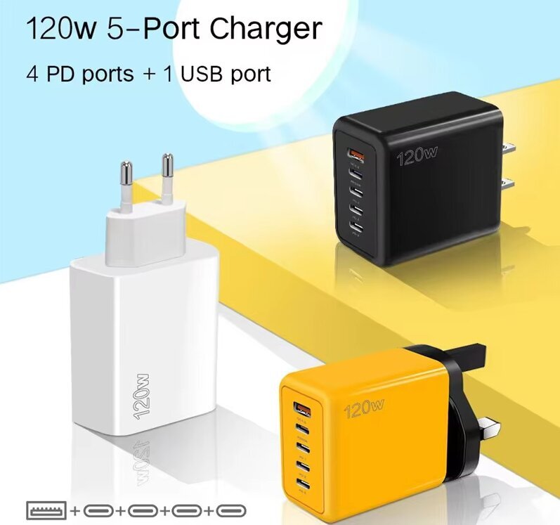 USB C pikalaturi 3.0 nopea lataus 5 porttia 120W PD virtalähde iPhone Samsung Xiaomi Huawei keltainen hinta ja tiedot | Puhelimen laturit | hobbyhall.fi