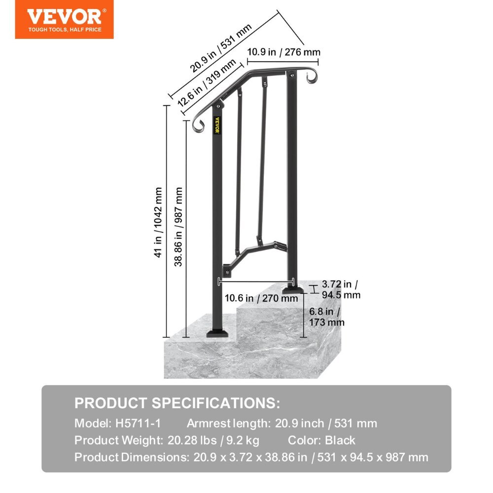 1-2 askelman käsijohde Vevor, 531x94.5x987mm hinta ja tiedot | Portaat | hobbyhall.fi