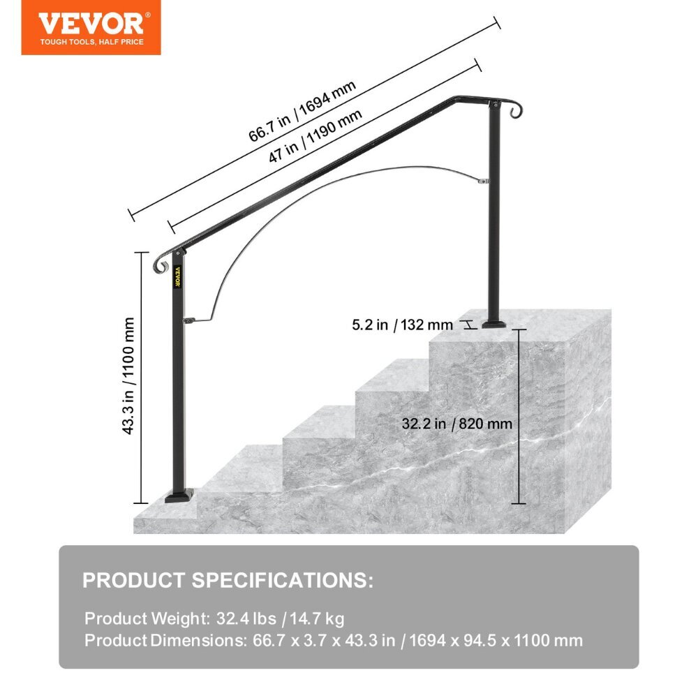 4-5 askelman käsijohde Vevor, 1694x94,5x1100 mm: hinta ja tiedot | Portaat | hobbyhall.fi