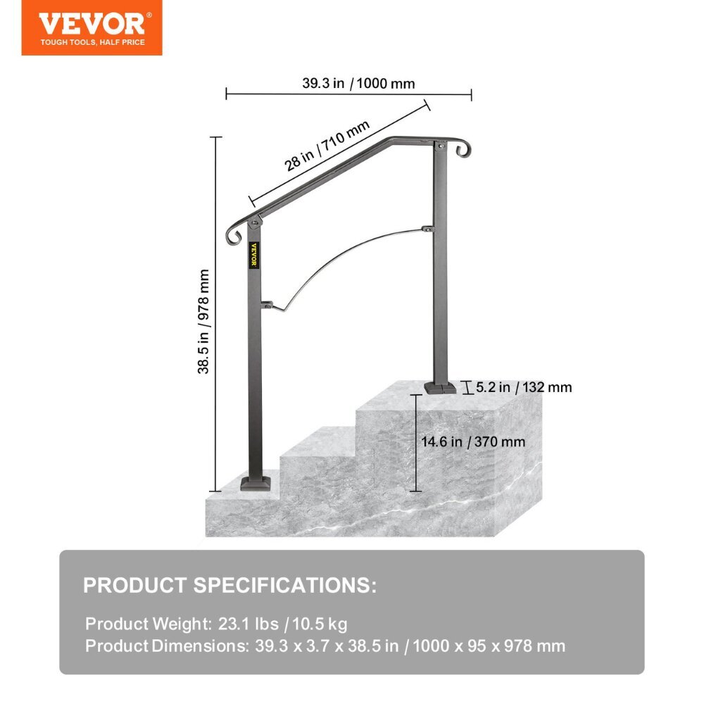 2-3 askelman käsijohde Vevor, 1000x95x978 mm hinta ja tiedot | Portaat | hobbyhall.fi