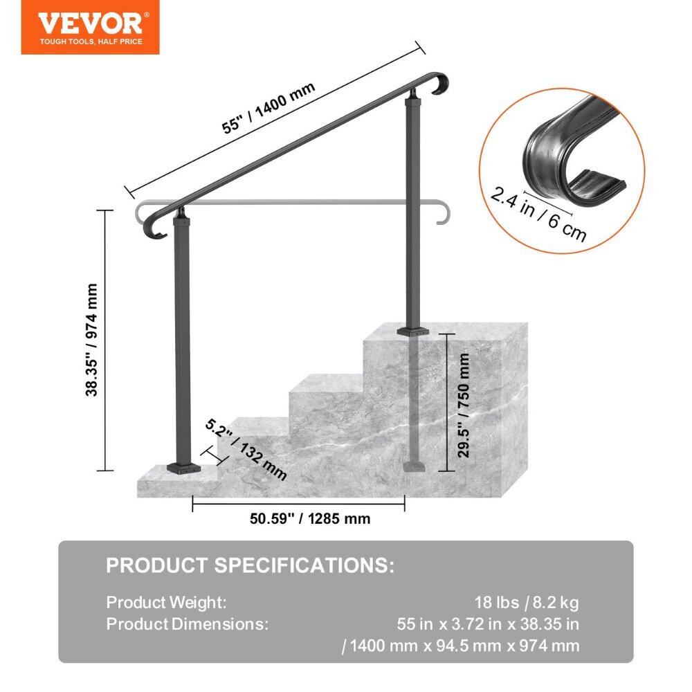 3-5 askelman käsijohde Vevor, 1400x94.5x974mm hinta ja tiedot | Portaat | hobbyhall.fi