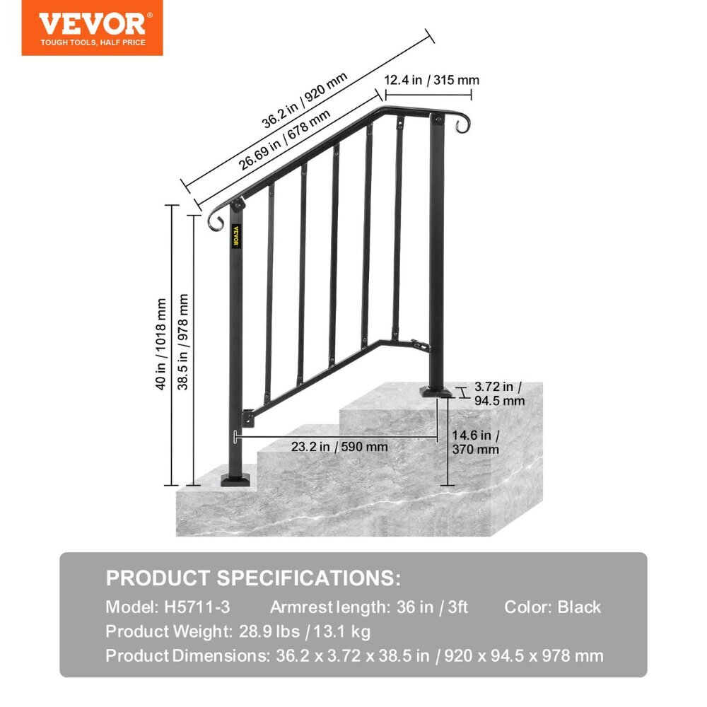 2-3 askelman käsijohde Vevor, 920x94.5x978mm hinta ja tiedot | Portaat | hobbyhall.fi