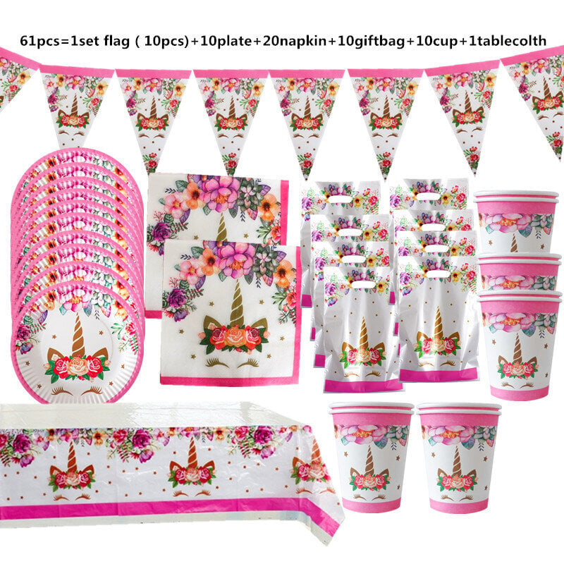 Unicorn Juhlatarvikkeet Kertakäyttöiset astiastosarja Lasten syntymäpäiväjuhlat Koriste Unicornio Decor Lautaset Cup Banner Baby Shower hinta ja tiedot | Hauskat juhlapelit ja -tuotteet | hobbyhall.fi