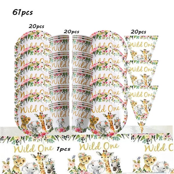 1 setti vaaleanpunainen villi Yksi tyttö 1. syntymäpäiväjuhlien teema astiasto Paperilautaset Cup Jungle Safari Juhlatarvikkeet vauvan suihku lapsille