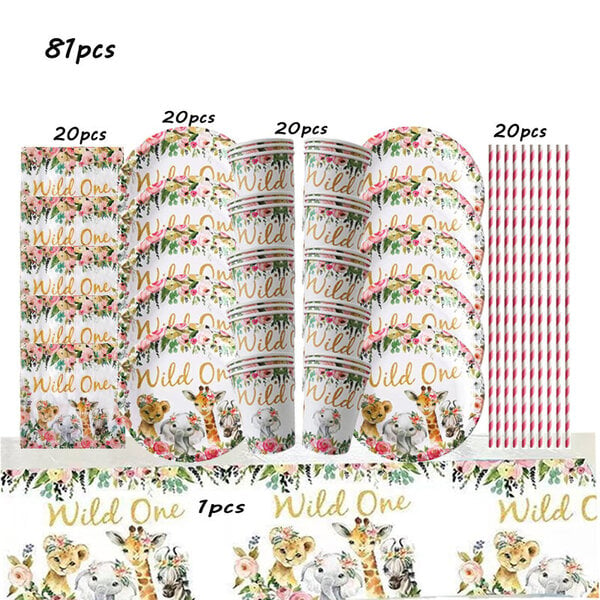 1 setti vaaleanpunainen villi Yksi tyttö 1. syntymäpäiväjuhlien teema astiasto Paperilautaset Cup Jungle Safari Juhlatarvikkeet vauvan suihku lapsille