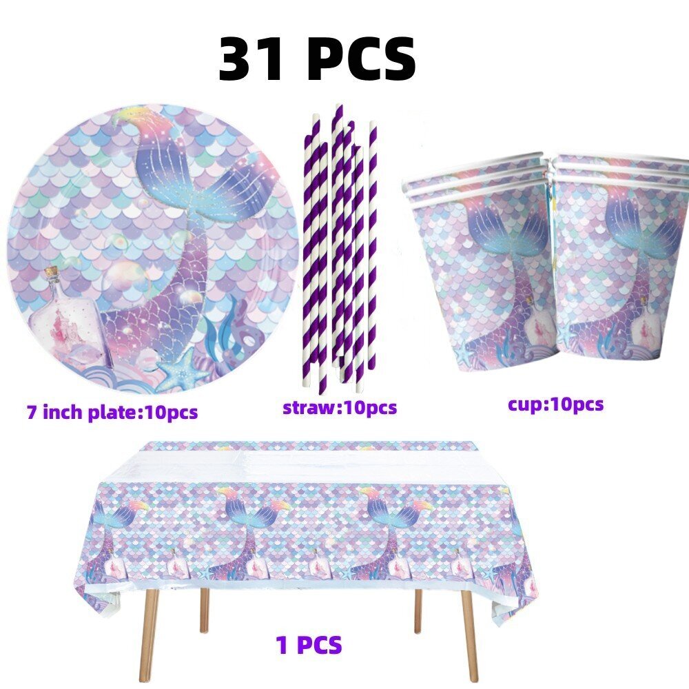 Merenneito Fishtai Syntymäpäiväkoristeet Kertakäyttöiset pöytäastiat Juhlapaketti Pöytäliina Vauva Jaa Kids Favor Girls Party Supplies hinta ja tiedot | Hauskat juhlapelit ja -tuotteet | hobbyhall.fi