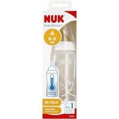 Pullo lämpötilan osoittimella NUK First Choise, valkoinen, 0-6 kk, 300 ml hinta ja tiedot | Tuttipullot ja tarvikkeet | hobbyhall.fi