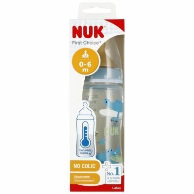 Pullo lämpötilan osoittimella NUK First Choise, sininen, 0-6 kk, 300 ml hinta ja tiedot | Tuttipullot ja tarvikkeet | hobbyhall.fi