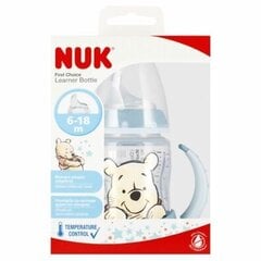 Pullo lämpötilan osoittimella NUK First Choise Nalle Puh, sininen, 6-18 kk, 150 ml hinta ja tiedot | Tuttipullot ja tarvikkeet | hobbyhall.fi