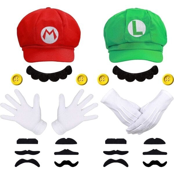 Super Mario Bros Mario ja Luigi Hatut Lippikset Viikset Käsineet Napit Cosplay-asu hinta ja tiedot | Naamiaisasut | hobbyhall.fi