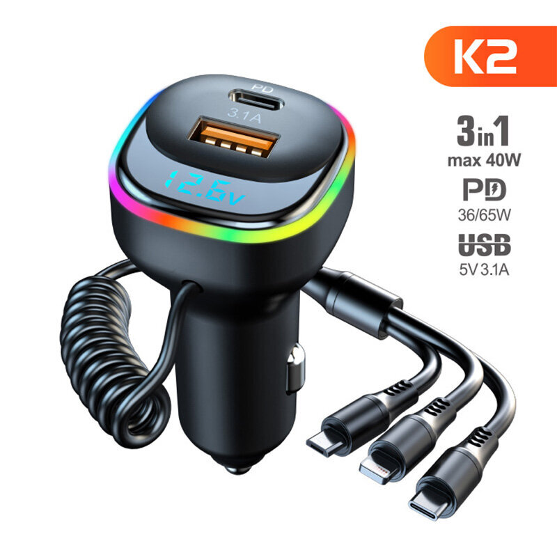 65 W USB-autolaturi Pikalataus QC4.0 QC3.0 FCP AFC Type C Auton USB-pikalataus 3 in 1 Pikalatauskaapeli iPhone Huaweille hinta ja tiedot | USB-sovittimet äänentoistoon | hobbyhall.fi