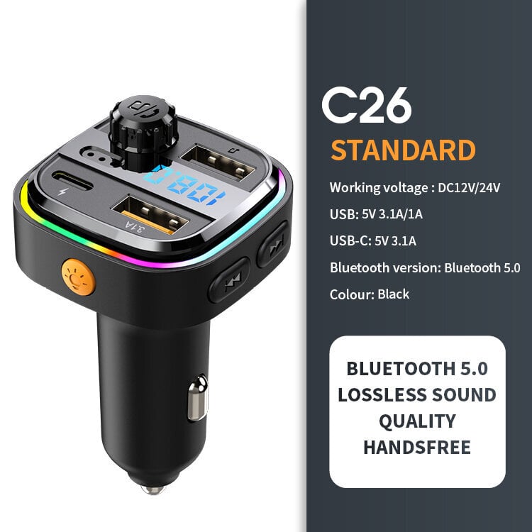 Auton Bluetooth 5.0 FM-lähetin Dual USB 3.1A Type C Autolaturi Ympäristön valo Handsfree Mp3-musiikkisoitin Tuki U-levy hinta ja tiedot | USB-sovittimet äänentoistoon | hobbyhall.fi