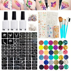 Glitter Tattoo Kit Väliaikainen tatuointisetti 24 kimaltavaa väriä 93 kuviota mallit Vartalokynsi Glitter Art Paint Party Tattoo Meikki hinta ja tiedot | Manikyyri- ja pedikyyritarvikkeet | hobbyhall.fi