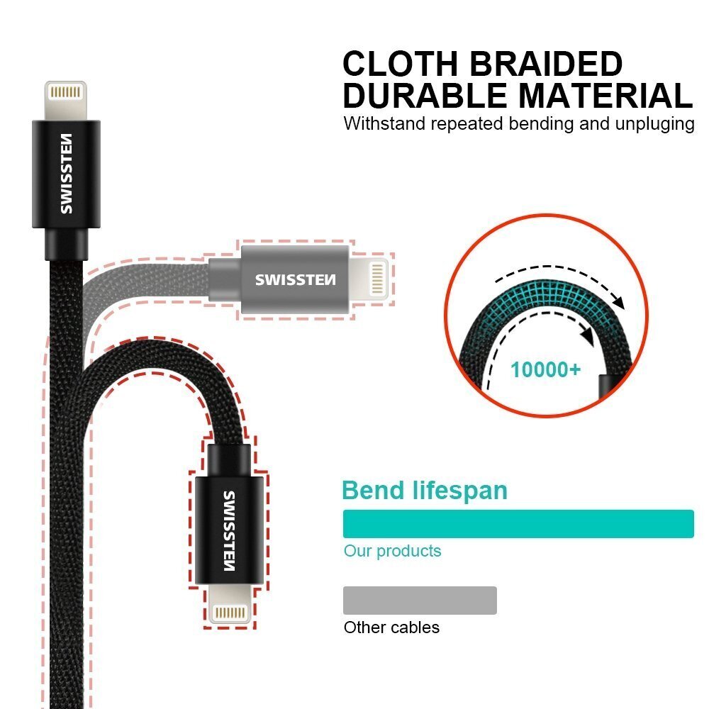Swissten Textile Universal Quick Charge 3.1 USB-C Lightning Data ja latauskaapeli 1,2 m hopea hinta ja tiedot | Kaapelit ja adapterit | hobbyhall.fi