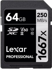 Lexar memory card SDXC 64GB Pro 1667x U3 hinta ja tiedot | Kameran muistikortit | hobbyhall.fi