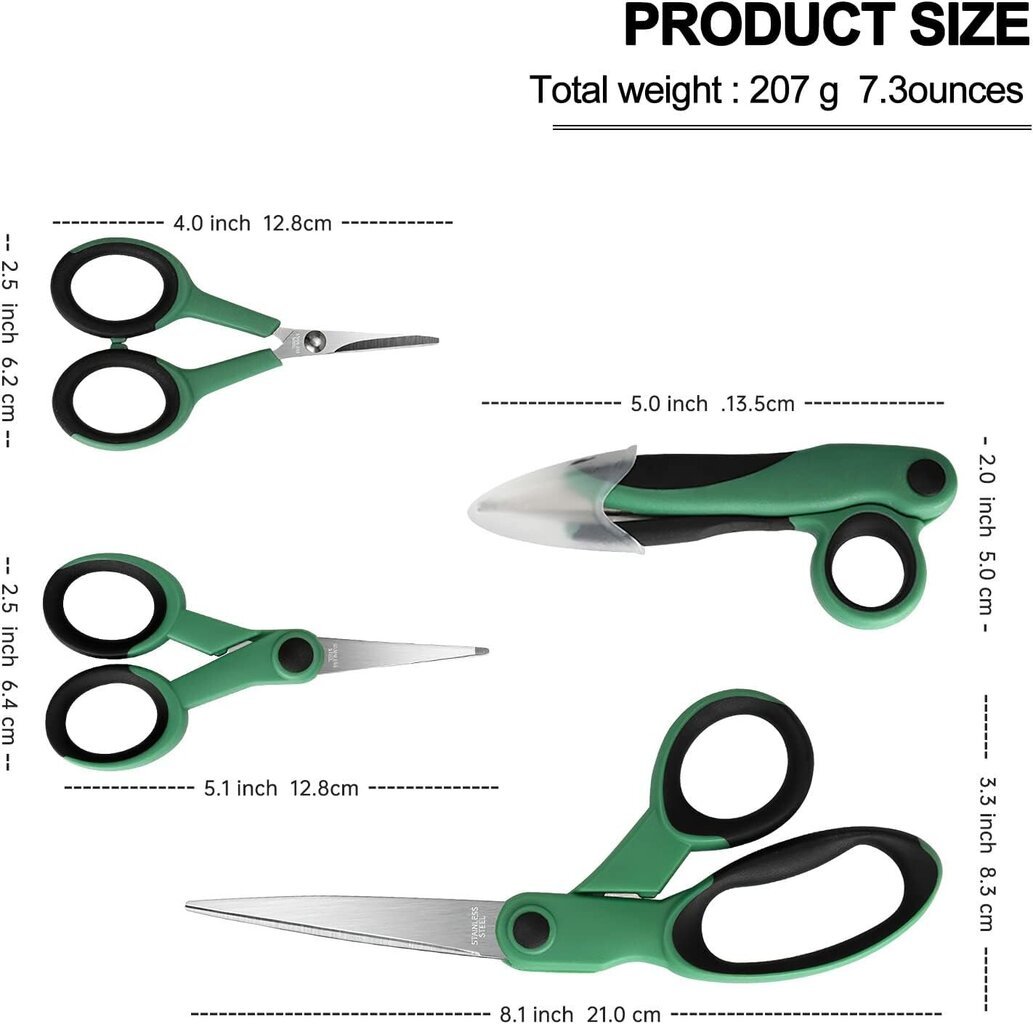 Premium Tailor -ompelusakset, 8,1" Heavy Duty Sharp -kangassakset, 5,1"/4" yksityiskohtien kirjontasakset, 5" Comfort Grip -langasakset oliivinvihreä hinta ja tiedot | Veitset ja tarvikkeet | hobbyhall.fi