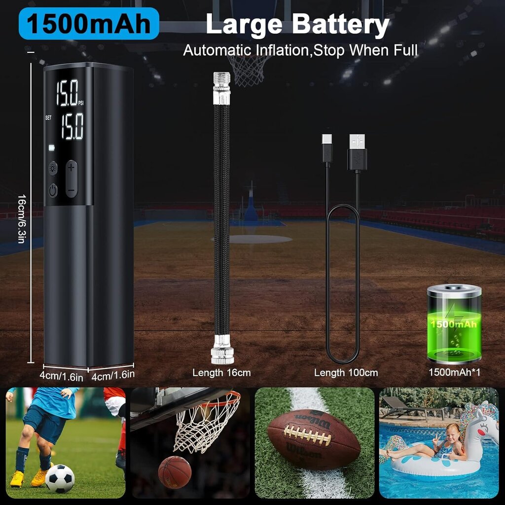 Sähköinen ilmapumppu, 1500 mAh 15 PSI pallopumppu, sähköinen ilmapumppu digitaalisella LCD LED-valolla pallopumpulla Jalkapallo, koripalloon, jalkapalloon, lentopalloon, rugbyyn hinta ja tiedot | Pyöräpumput | hobbyhall.fi