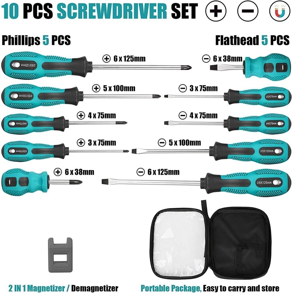 10-osainen ruuvimeisselisarja, kestävä magneettinen ruuvimeisseli 5 litteällä ja 5 ristipääruuvimeisselillä, kestävät ruuvimeisselin käsityökalut (koko 5) hinta ja tiedot | Käsityökalut | hobbyhall.fi