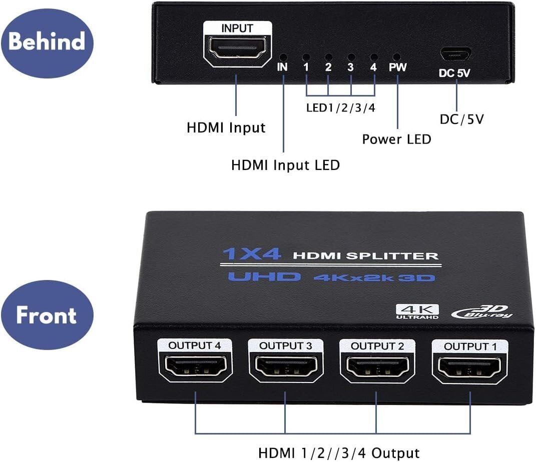 1x4 HDMI-jakaja, 1 in 4 -ulostulo HDMI-jakaja Audio Video Distributor Box -tuki 3D & 4K x 2K -yhteensopiva HDTV: n, STB: n, DVD: n, PS3: n, projektorin jne hinta ja tiedot | Adapterit | hobbyhall.fi