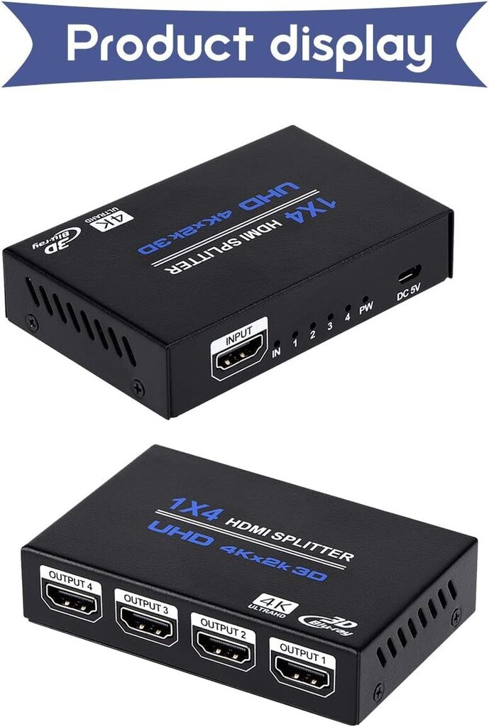 1x4 HDMI-jakaja, 1 in 4 -ulostulo HDMI-jakaja Audio Video Distributor Box -tuki 3D & 4K x 2K -yhteensopiva HDTV: n, STB: n, DVD: n, PS3: n, projektorin jne hinta ja tiedot | Adapterit | hobbyhall.fi