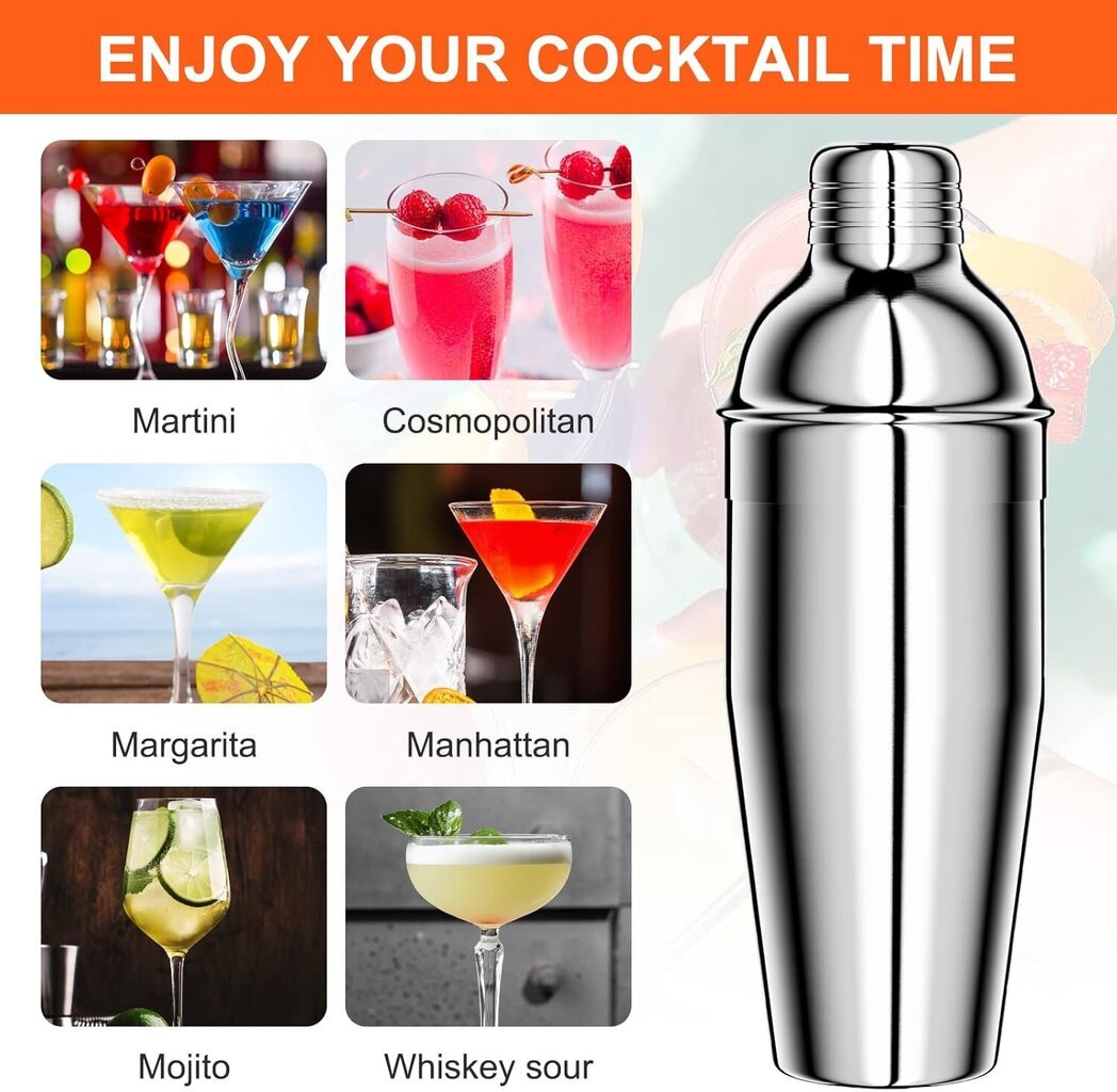 750 ML Cocktail Set, 8 kpl ruostumattomasta teräksestä valmistettu shaker mikseri, ammattimaiset baarimikkotarvikkeet (hopea) hinta ja tiedot | Keittiövälineet | hobbyhall.fi