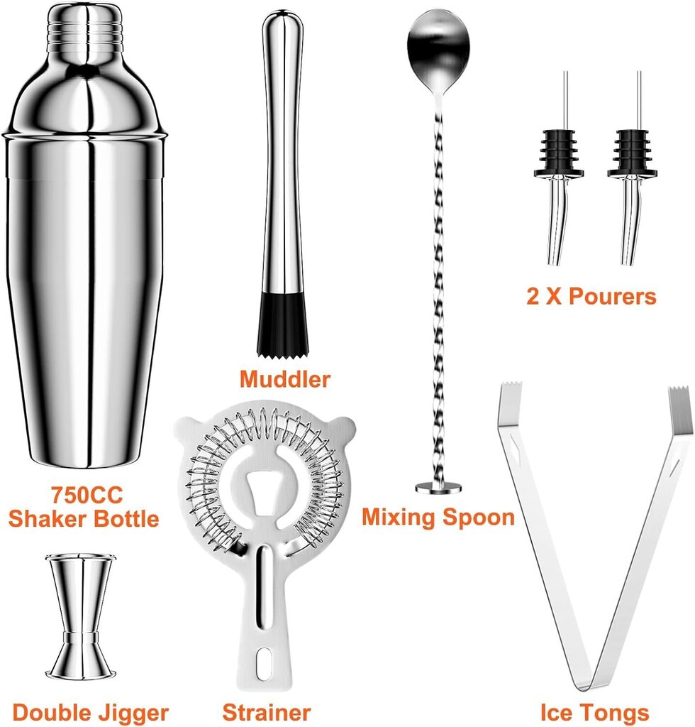 750 ML Cocktail Set, 8 kpl ruostumattomasta teräksestä valmistettu shaker mikseri, ammattimaiset baarimikkotarvikkeet (hopea) hinta ja tiedot | Keittiövälineet | hobbyhall.fi