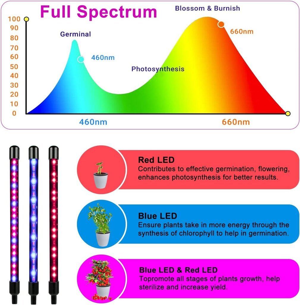 Sisäkasvien kasvatusvalo, täyden spektrin LED-kasvivalo, jossa on pidike ja 3 metrin kaapeli taimien kasvattamiseen (2 kpl) hinta ja tiedot | Sisäpuutarhat ja kasvilamput | hobbyhall.fi