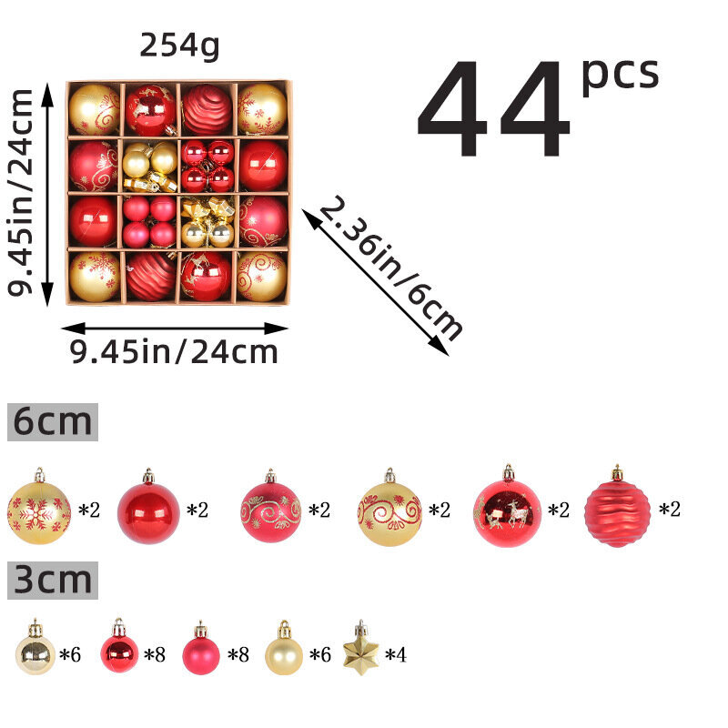 Joulupallot 44 kpl/laatikko Joulukuusikoristeet laatikoissa Joulukuusikoristeet Jouluriipukset lahjat Punainen kulta hinta ja tiedot | Koristeet ja tarrat | hobbyhall.fi