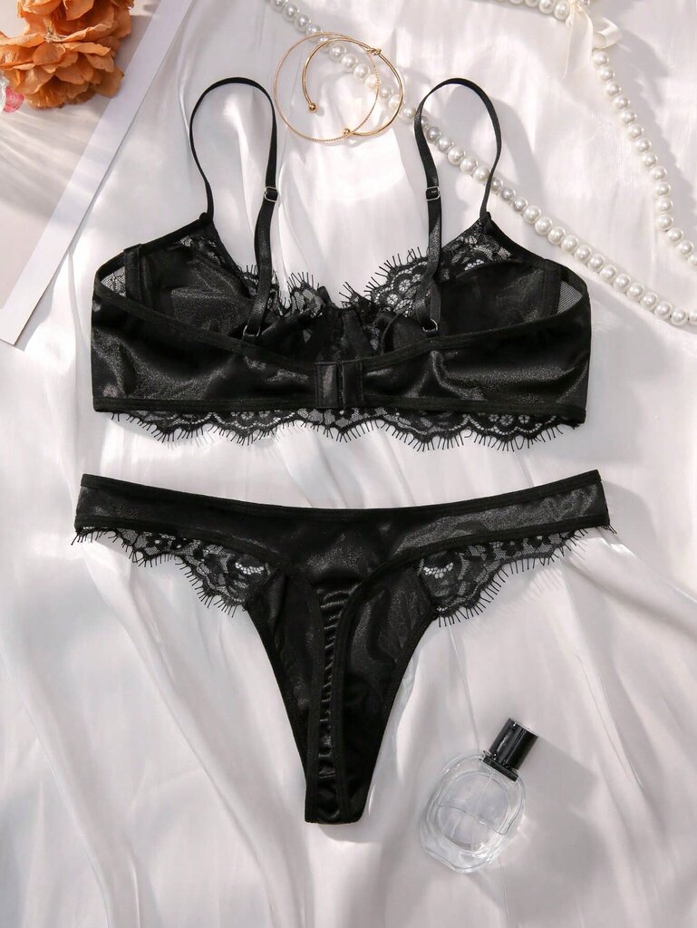 Contrast Lace Underwire Alusvaatteet Set · Black · M hinta ja tiedot | Naisten alushousut | hobbyhall.fi