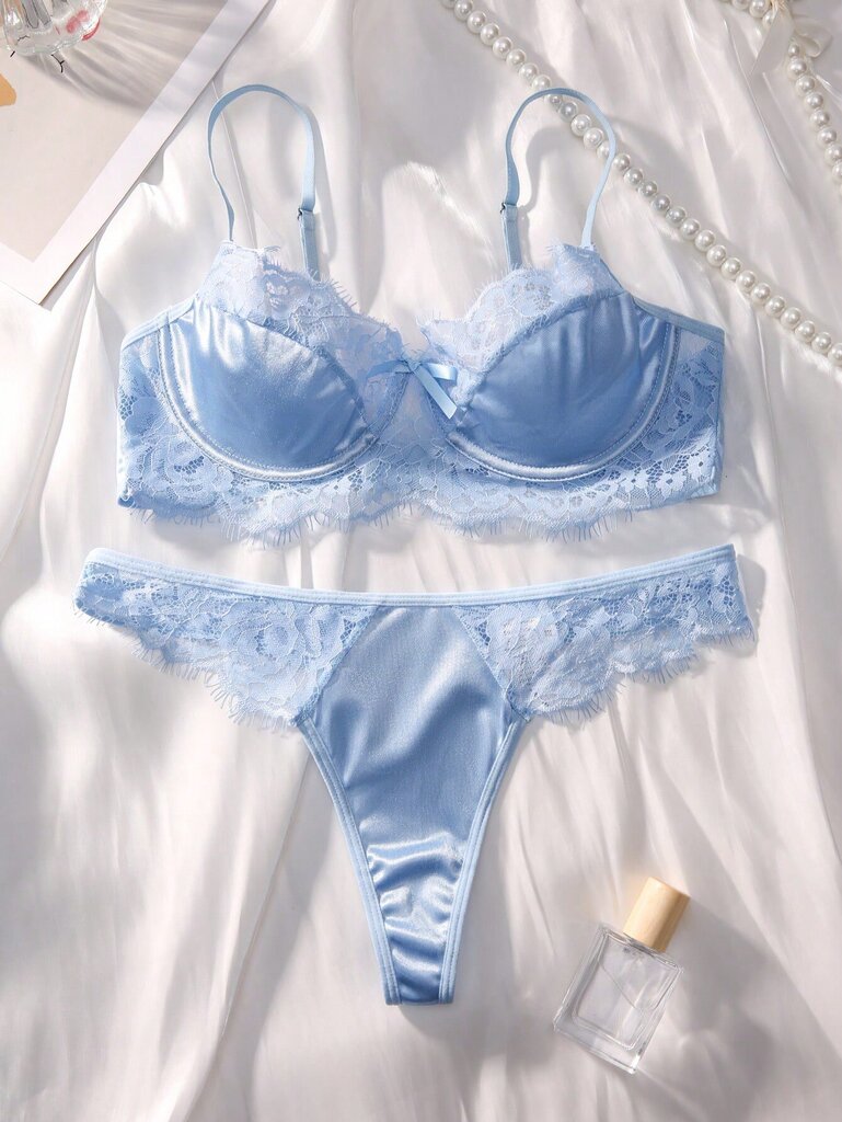 Contrast Lace Underwire Alusvaatteet Set·Blue·L hinta ja tiedot | Naisten alushousut | hobbyhall.fi