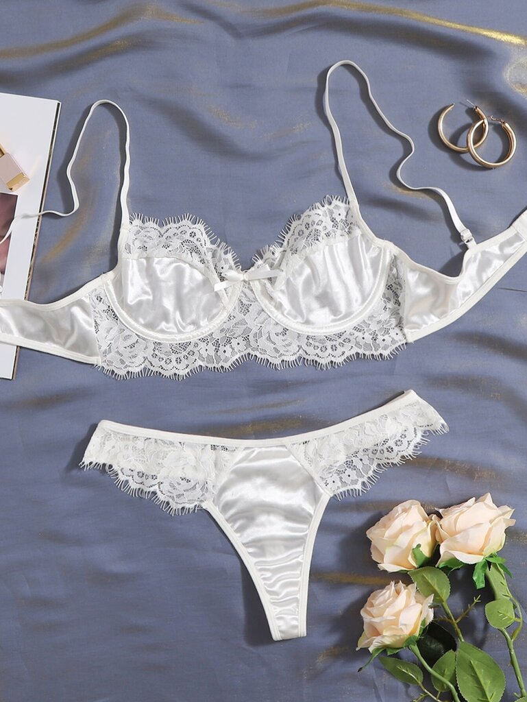 Contrast Lace Underwire Alusvaatteet Set·White·L hinta ja tiedot | Naisten alushousut | hobbyhall.fi