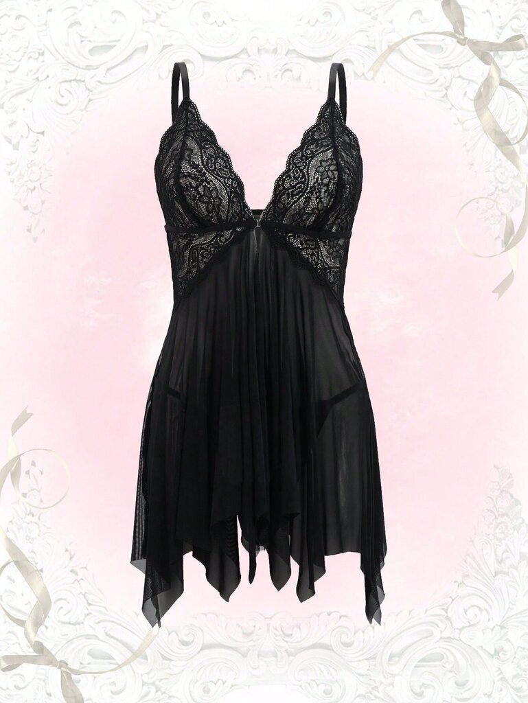 Kawaii Contrast Lace Epäsymmetrinen Helma Slips Thong·Black·M hinta ja tiedot | Naisten alushousut | hobbyhall.fi