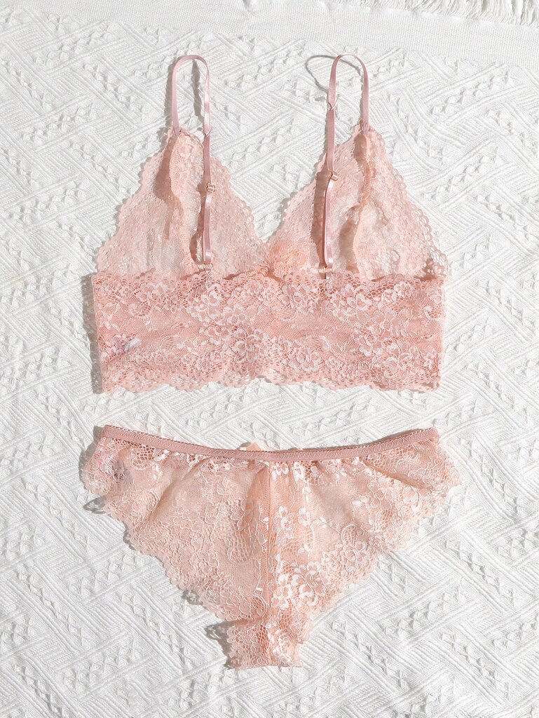 Floral Lace Scallop Trim Alusvaatteet Set · Coral Pink·L hinta ja tiedot | Naisten alushousut | hobbyhall.fi