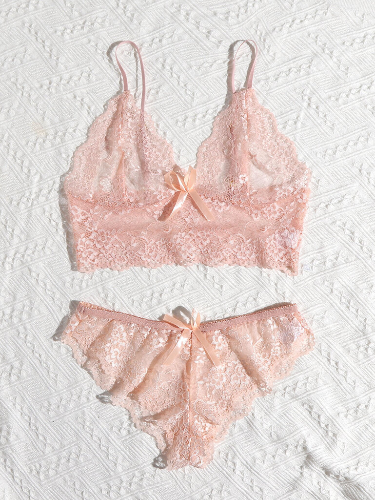 Floral Lace Scallop Trim Alusvaatteet Set · Coral Pink·L hinta ja tiedot | Naisten alushousut | hobbyhall.fi