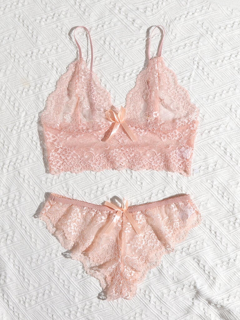 Floral Lace Scallop Trim Alusvaatteet Set · Coral Pink·M hinta ja tiedot | Naisten alushousut | hobbyhall.fi