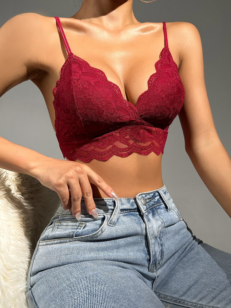 Floral Lace Scallop Trim Bralette·Burgundy·S hinta ja tiedot | Rintaliivit | hobbyhall.fi