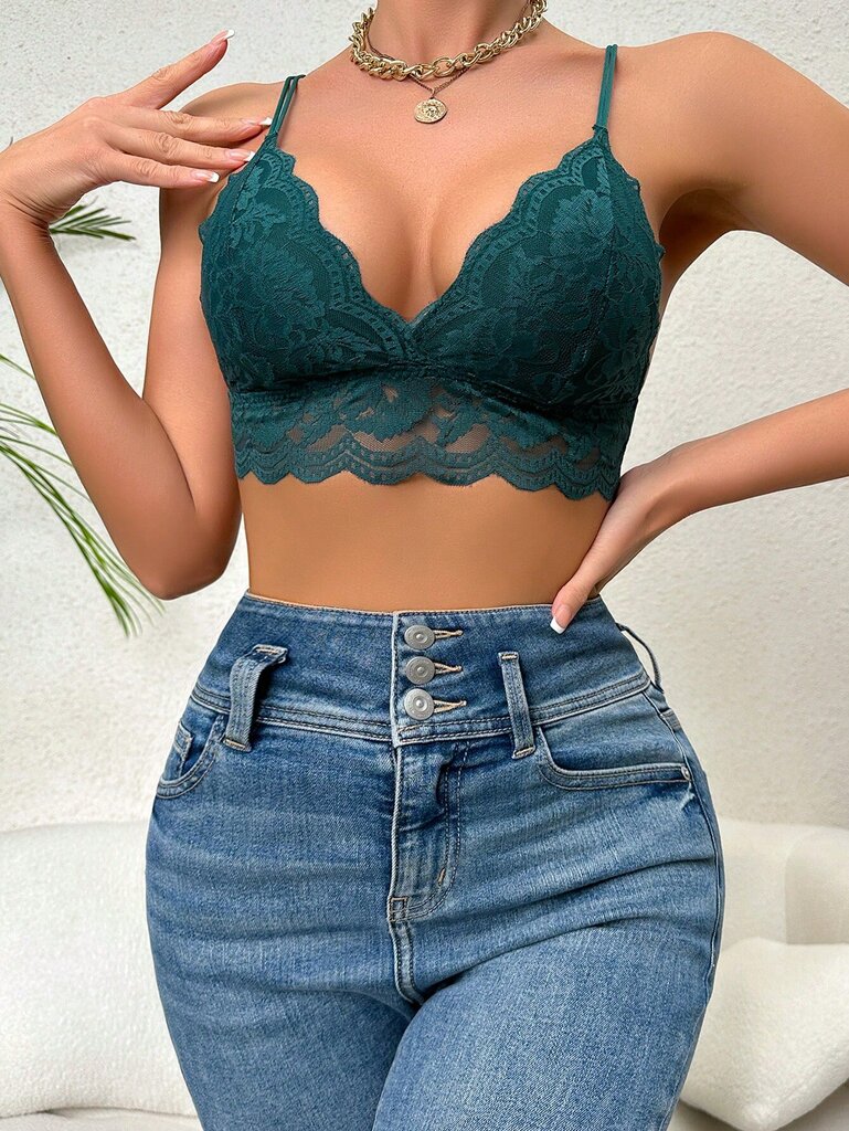 Floral Lace Scallop Trim Bralette·Tummanvihreä·L hinta ja tiedot | Rintaliivit | hobbyhall.fi