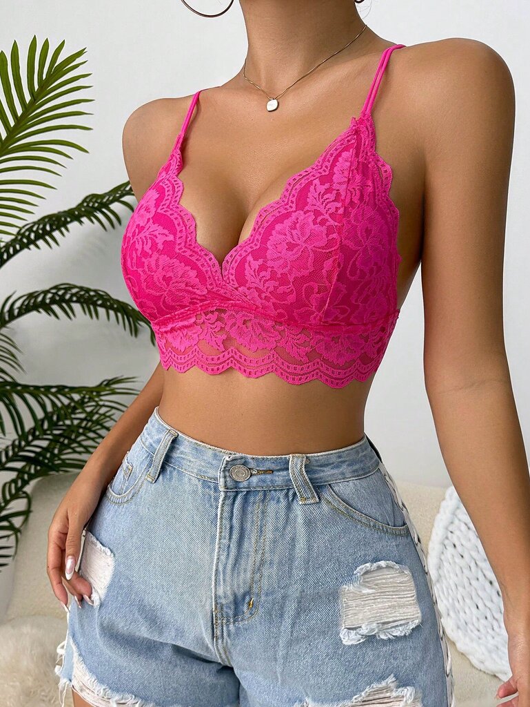 Floral Lace Scallop Trim Bralette·Hot Pink·L hinta ja tiedot | Rintaliivit | hobbyhall.fi