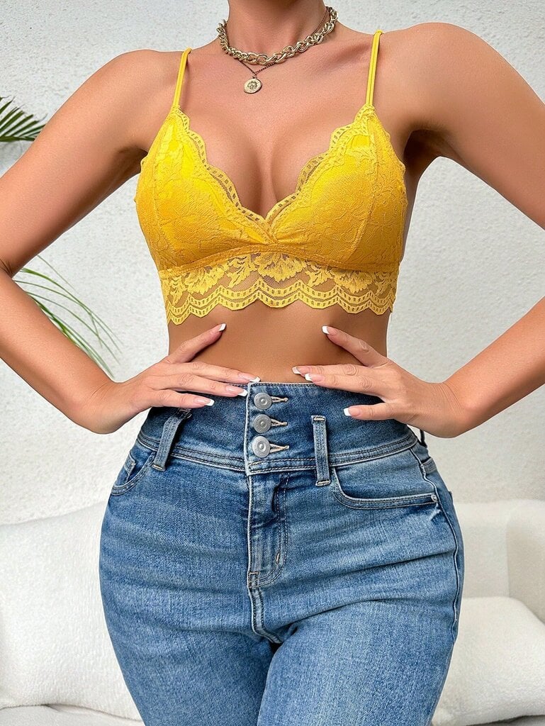 Floral Lace Scallop Trim Bralette·Yellow·S hinta ja tiedot | Rintaliivit | hobbyhall.fi