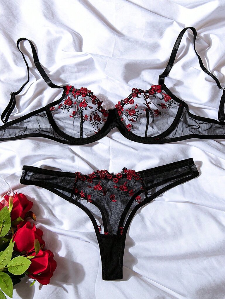 Embroidery Mesh Underwire Alusvaatteet Set·Black·S hinta ja tiedot | Rintaliivit | hobbyhall.fi