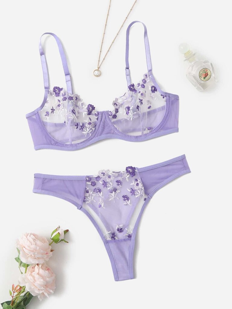 Embroidery Mesh Underwire Alusvaatteet Set·Lila Purple·S hinta ja tiedot | Rintaliivit | hobbyhall.fi