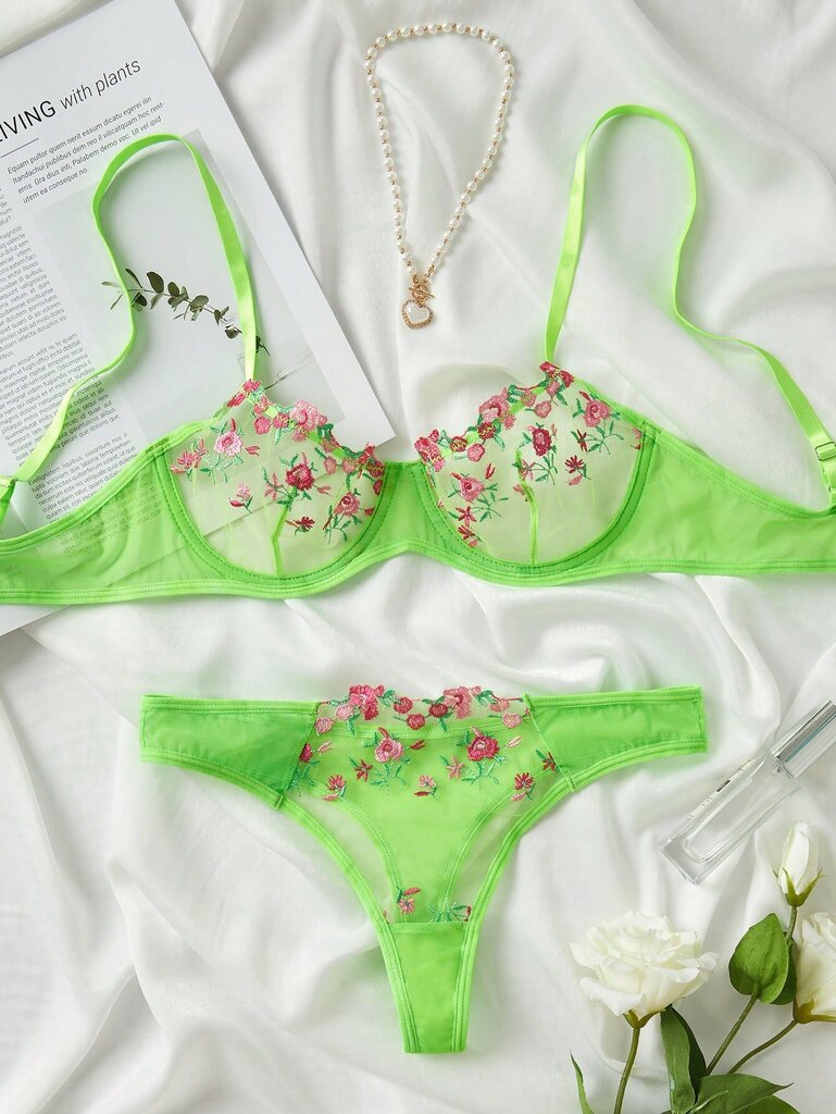 Embroidery Mesh Underwire Alusvaatteet Set·Lime Green·XL hinta ja tiedot | Rintaliivit | hobbyhall.fi