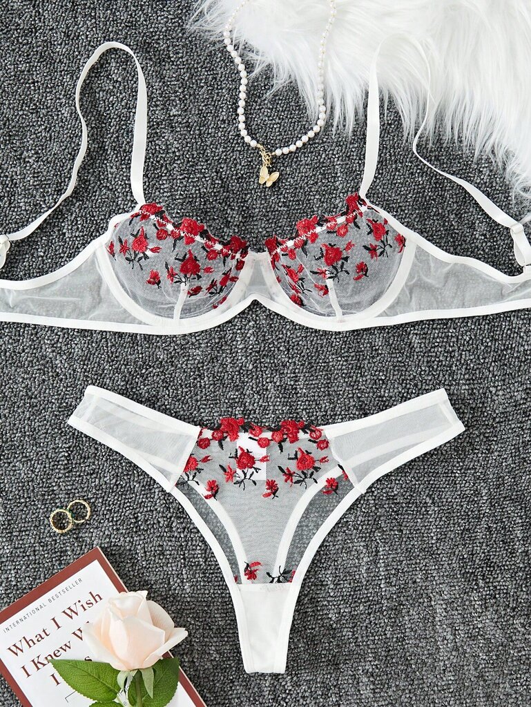 Embroidery Mesh Underwire Alusvaatteet Set·White·L hinta ja tiedot | Rintaliivit | hobbyhall.fi